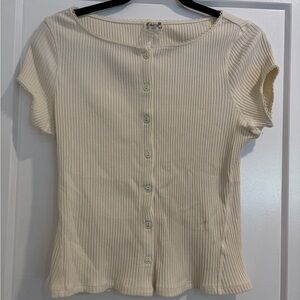 Free People Ivory Ribbed Button-Down Shirt
